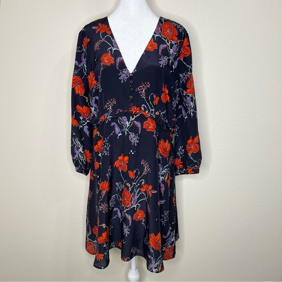 Madewell Navy Blue Windblown Poppies Floral Silk 3/4 Sleeve Ruffle Dress 14 NWT - Picture 4 of 14
